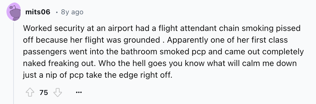 number - mits06 8y ago Worked security at an airport had a flight attendant chain smoking pissed off because her flight was grounded. Apparently one of her first class passengers went into the bathroom smoked pcp and came out completely naked freaking out